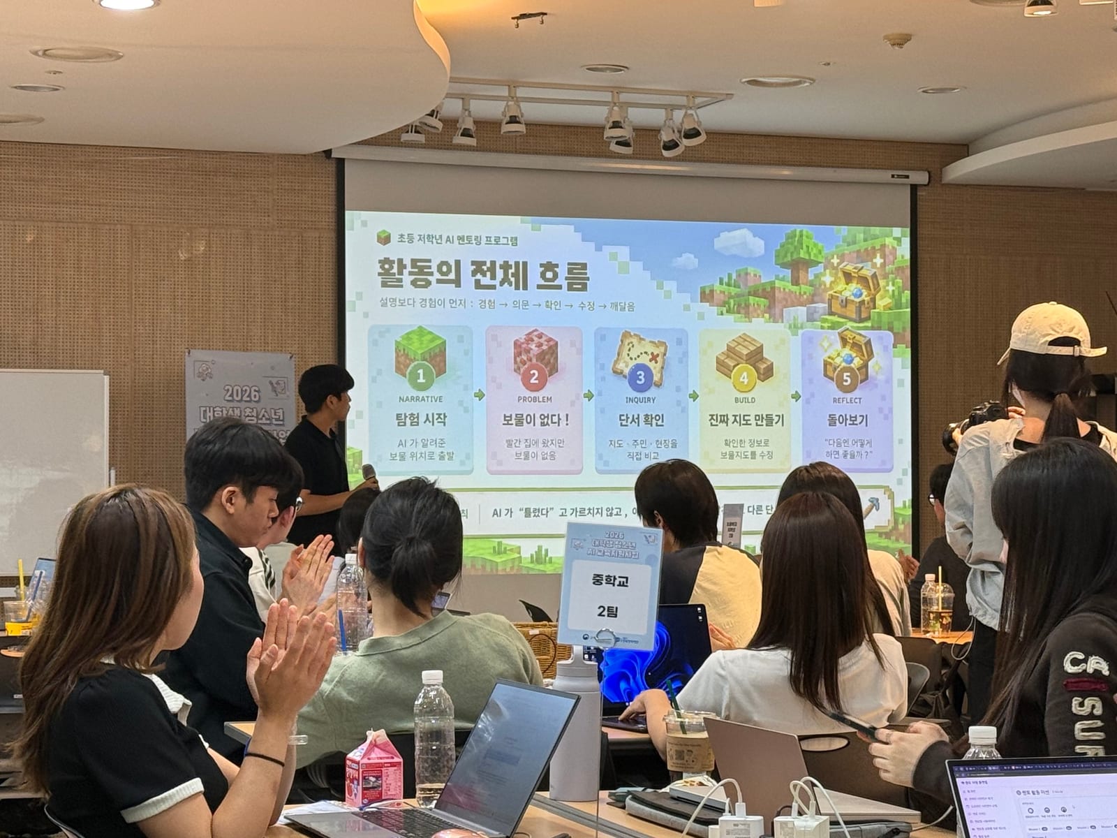 초등 저학년 AI 멘토링 프로그램 "활동의 전체 흐름" — 탐험 시작, 보물이 없다, 단서 확인, 진짜 지도 만들기, 돌아보기 5단계